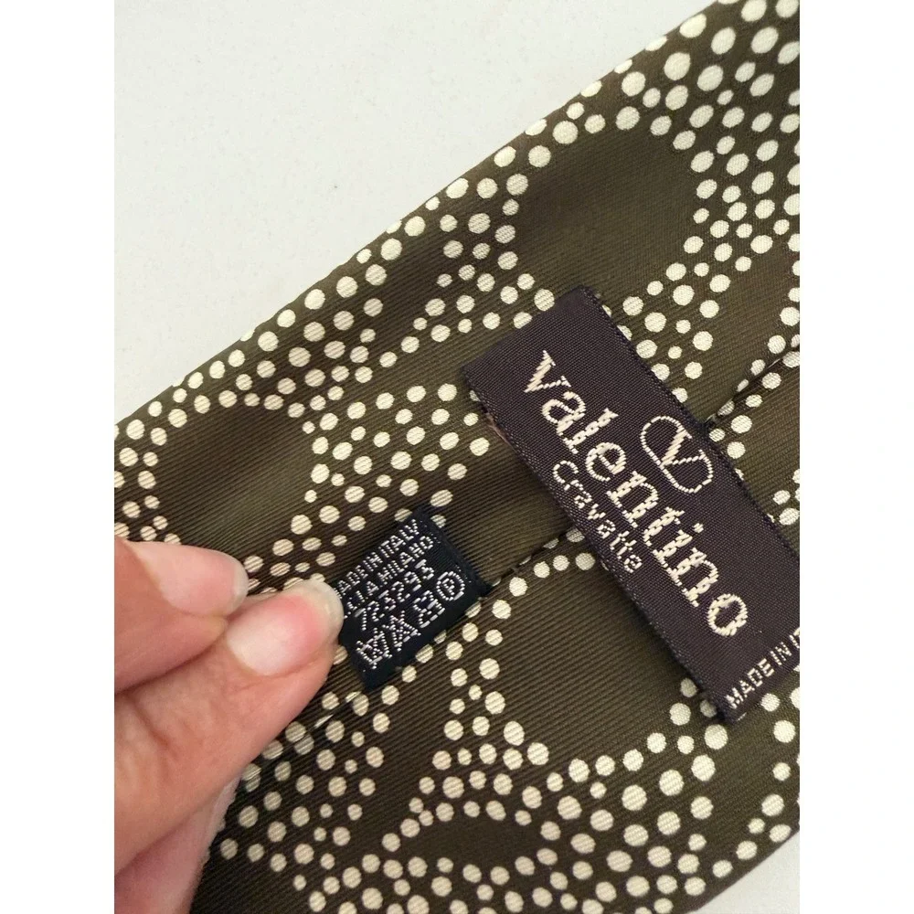 Valentino Cravatte Mens Silk‎ Tie Olive Green White Geometric Dot Logo Italy